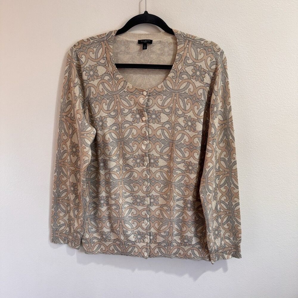 Talbots Sweater Cardigan 1X Metallic Floral Button Front Stretch Knit Tan Gray